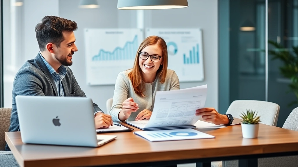 Professional financial advisor meeting with young couple reviewing investment portfolio and retirement planning documents at modern desk with laptop and charts visible
