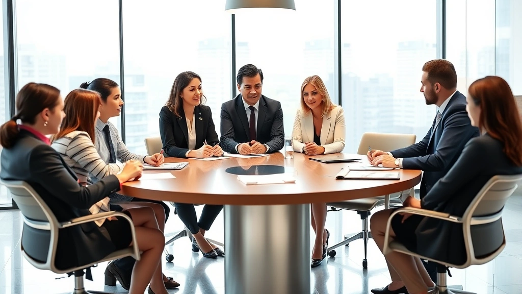 Diverse group of professionals in business attire collaborating around conference table in bright corporate office, discussing strategic financial planning and wealth growth