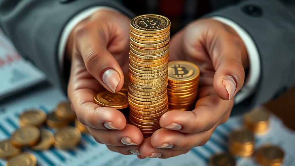 Close-up of hands holding gold coins and stacking them, symbolizing wealth accumulation, compound growth, and financial success with blurred investment documents background