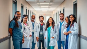 Professional healthcare team in modern hospital corridor wearing scrubs and white coats, diverse group collaborating during rounds, natural lighting from windows, confident body language, medical facility background with contemporary design