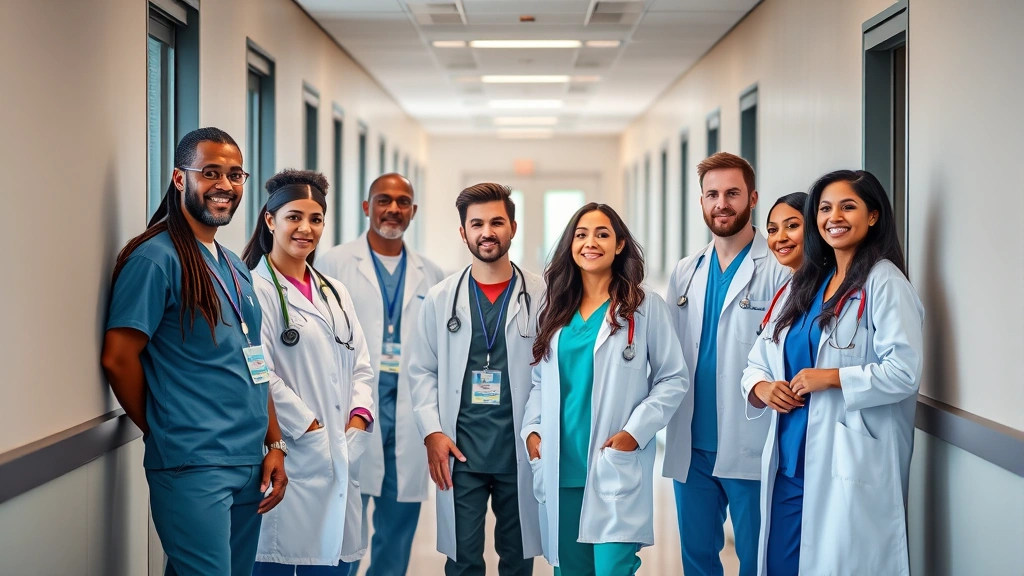 Professional healthcare team in modern hospital corridor wearing scrubs and white coats, diverse group collaborating during rounds, natural lighting from windows, confident body language, medical facility background with contemporary design