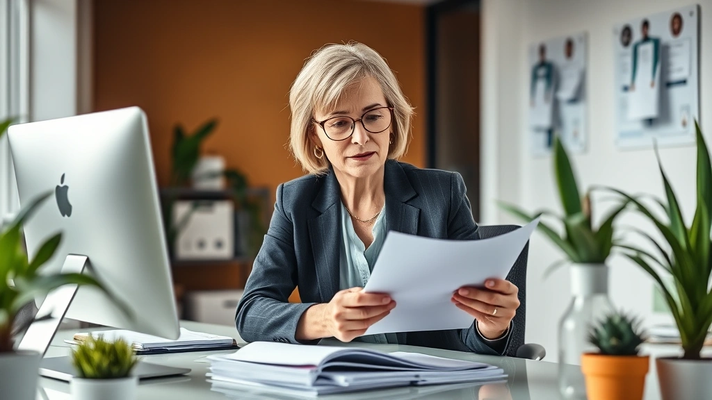 Mature professional woman in business attire reviewing documents at organized desk with computer, healthcare office setting with plants, warm natural lighting, focused expression, modern office environment with healthcare credentials on wall
