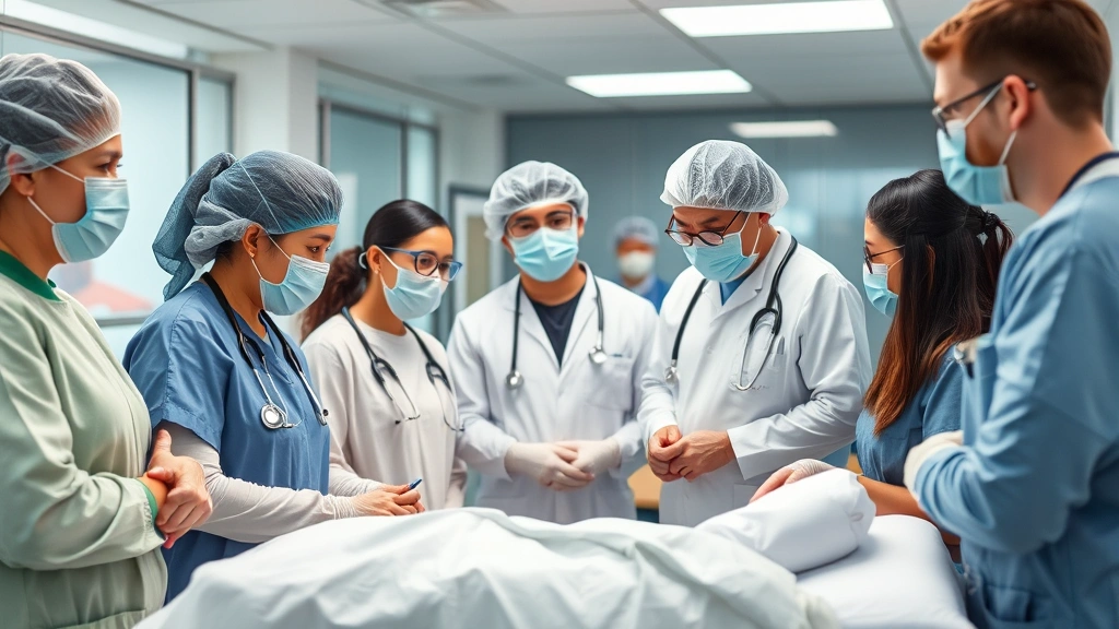 Diverse group of healthcare professionals in clinical setting wearing protective equipment, engaged in patient care discussion, modern hospital environment, collaborative atmosphere, clinical excellence demonstrated through focused attention