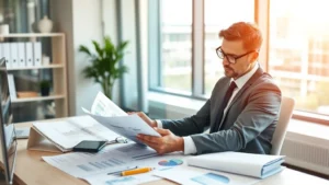 Successful real estate investor reviewing property documents and blueprints at modern office desk with financial charts visible, professional attire, natural daylight