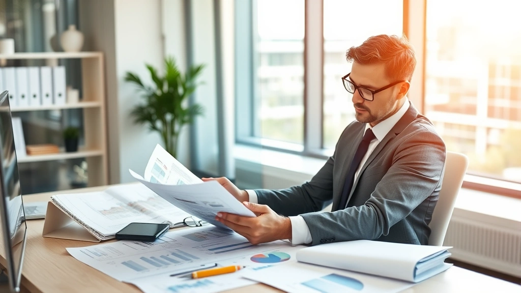 Successful real estate investor reviewing property documents and blueprints at modern office desk with financial charts visible, professional attire, natural daylight