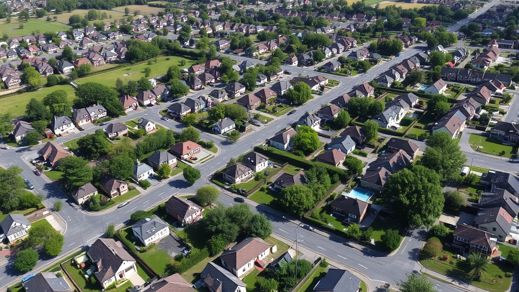 Aerial view of residential neighborhood with diverse property types, well-maintained homes, green spaces, and streets, sunny day, suburban setting