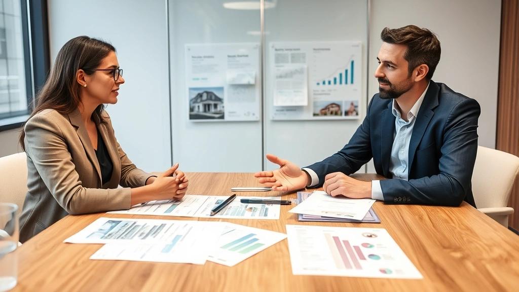 Financial advisor and client discussing real estate investment strategy at conference table with property listings, market data, and investment portfolio documents
