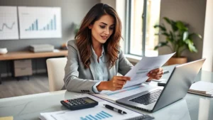 Professional woman reviewing financial documents and investment portfolio at modern desk with laptop and calculator, natural lighting, confident expression, organized workspace with charts and graphs visible