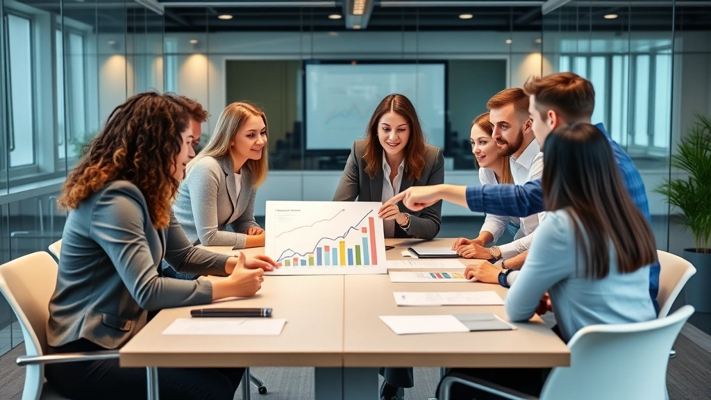 Diverse group of young professionals in business casual attire discussing financial growth strategy around conference table, pointing at growth charts, collaborative atmosphere, modern office setting