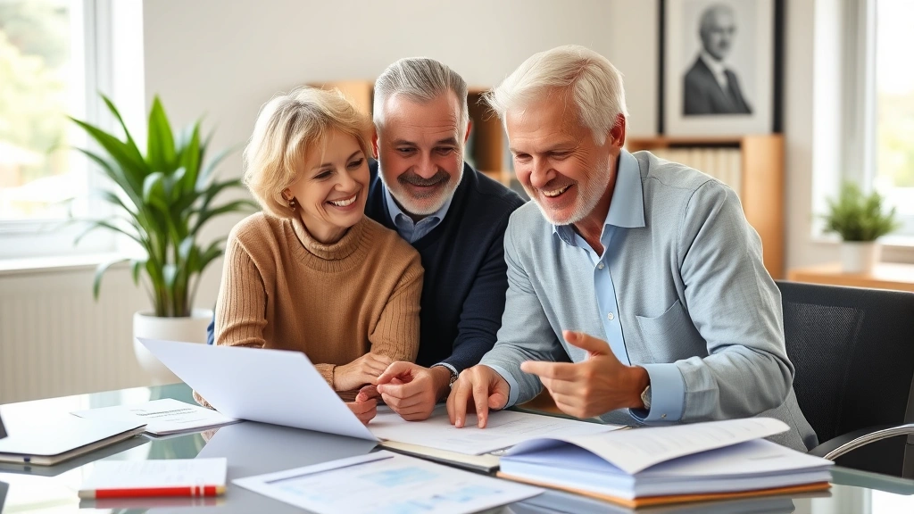 Mature couple reviewing retirement and investment plans with advisor in bright office, documents and financial reports on desk, satisfied expressions, professional wealth management environment