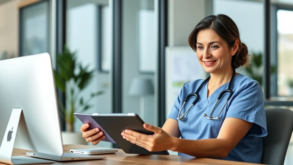 Professional home health caregiver in modern office using computer tablet, reviewing patient schedules and billing information, confident expression, natural lighting, professional environment with healthcare technology