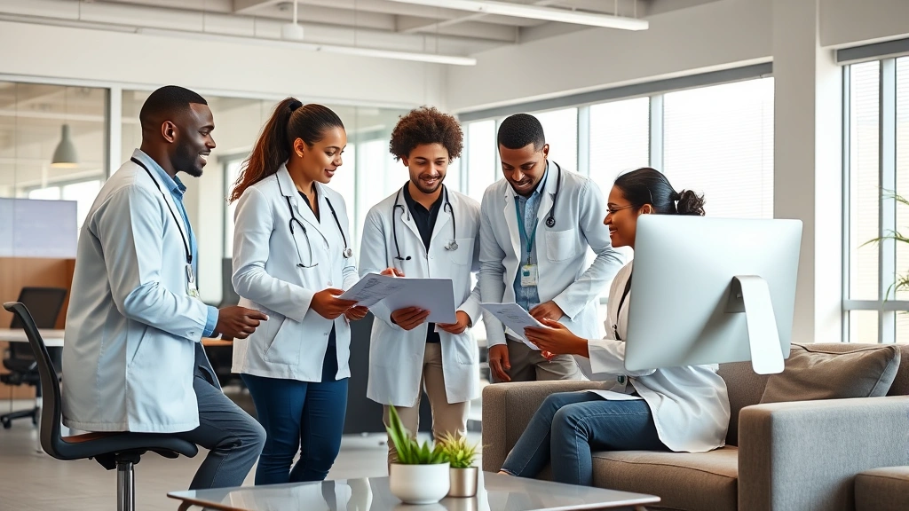 Team of diverse healthcare professionals collaborating in bright office space, reviewing reports on computer screens, discussing financial metrics and business growth, modern furniture, inclusive workplace