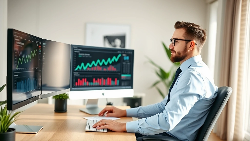 Successful home health business owner in professional attire, reviewing financial charts and growth metrics on multiple monitors, confident posture, contemporary home office setup with natural light