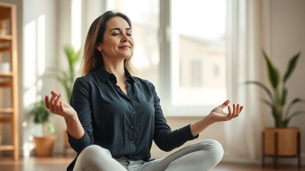 Professional woman meditating peacefully indoors with soft natural light, embodying mental health and emotional wellness with calm expression and serene environment