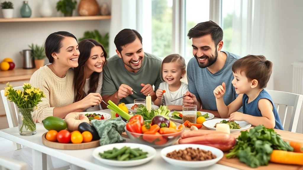 Healthy family having dinner together at home with fresh vegetables and whole foods on table, showing balanced nutrition and togetherness in wellness