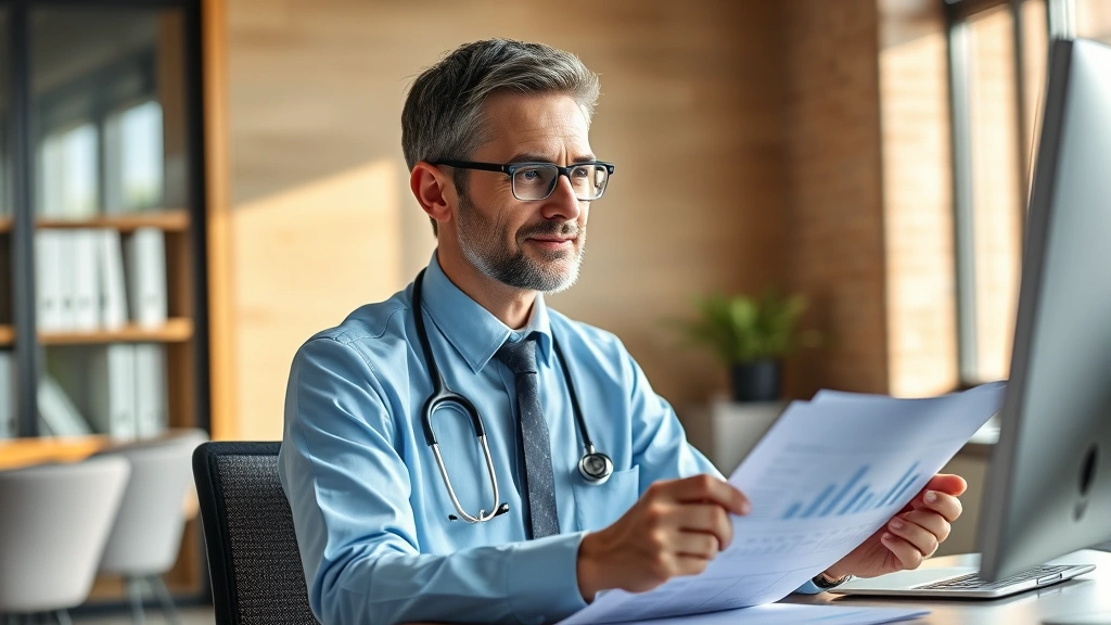 Professional healthcare worker in modern office setting reviewing financial documents and investment portfolio on computer, natural lighting, confident expression, wealth planning materials visible