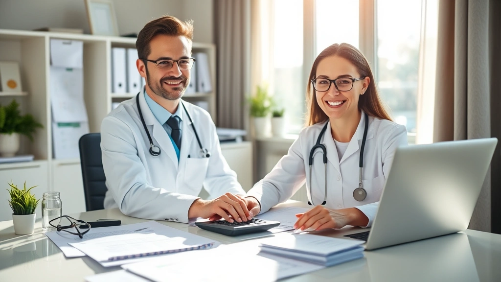 Successful healthcare professional at desk with laptop, calculator, and financial planning documents, organized workspace, morning sunlight, relaxed and focused demeanor