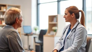 Professional female doctor in white coat with stethoscope consulting with patient in modern medical office, warm lighting, compassionate interaction, healthcare setting