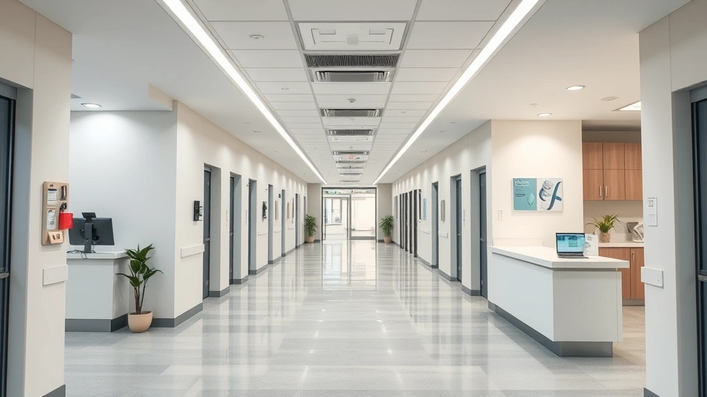 Modern medical facility interior with clean corridors, welcoming reception area, contemporary healthcare environment suggesting quality care and professional services
