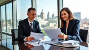 Professional man and woman in business attire discussing financial documents at a modern office desk with Cincinnati skyline visible through windows, natural daylight, confident expressions, wealth management setting