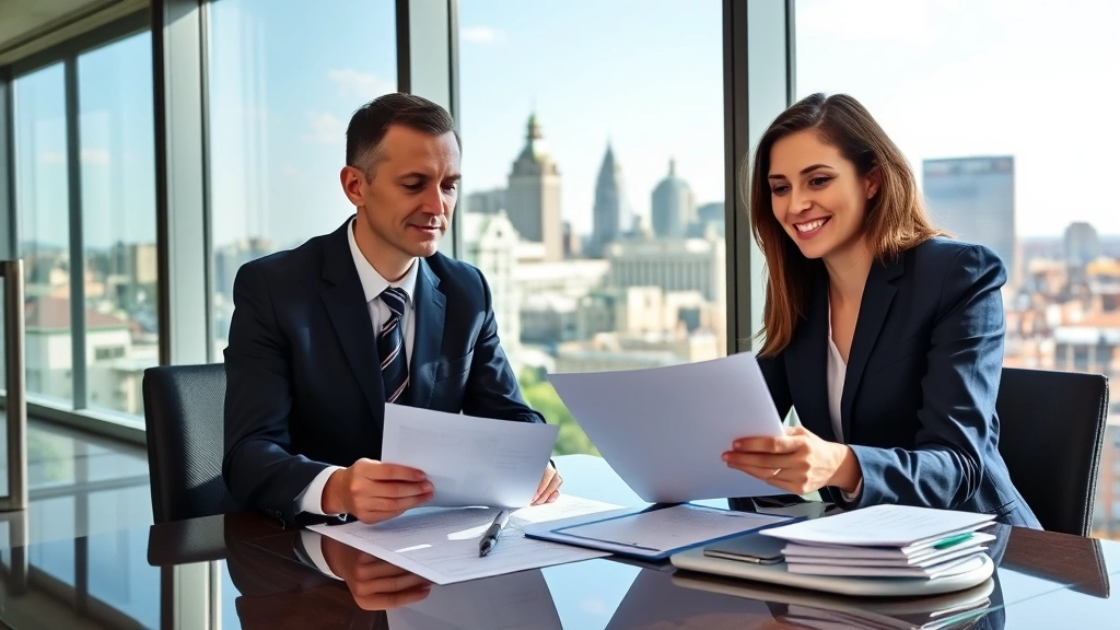 Professional man and woman in business attire discussing financial documents at a modern office desk with Cincinnati skyline visible through windows, natural daylight, confident expressions, wealth management setting