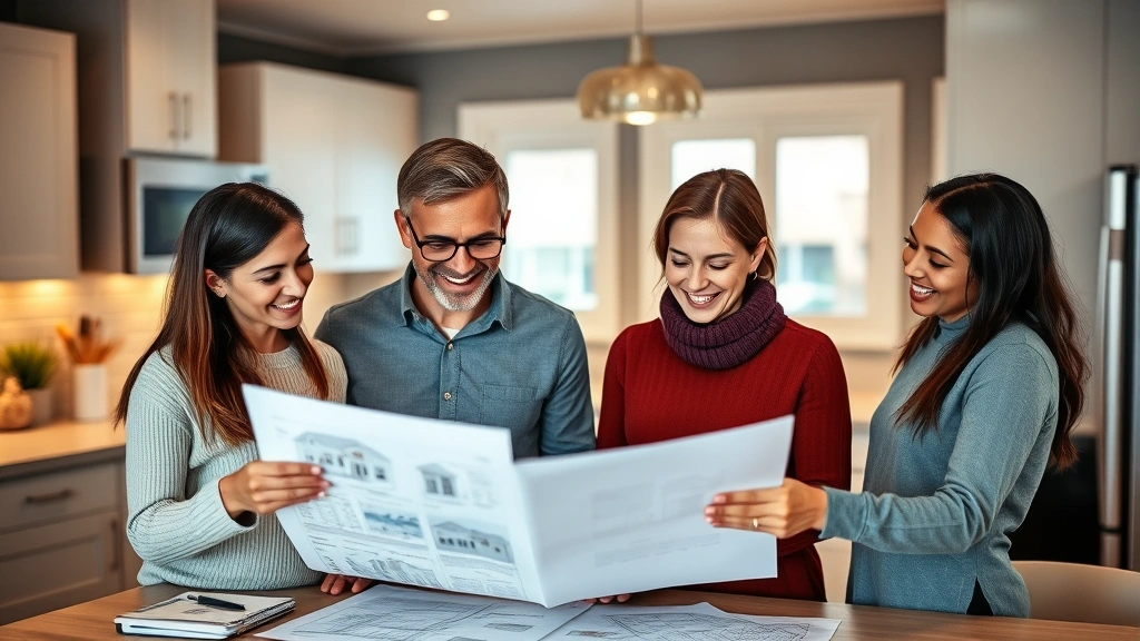 Family of four in contemporary kitchen reviewing home renovation plans and real estate documents, warm lighting, smiling, diverse group, prosperity indicators like updated appliances visible
