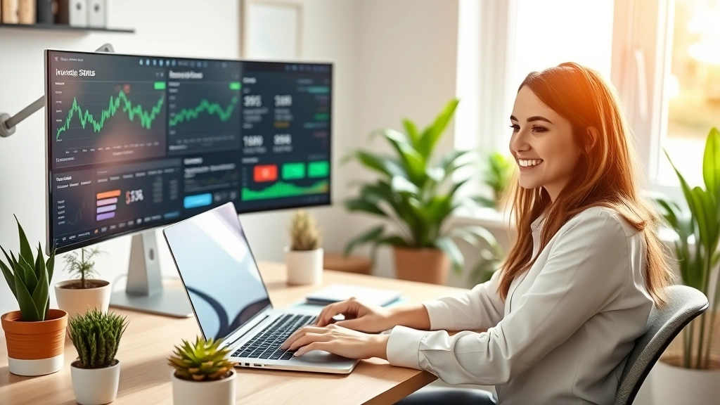 Young professional woman working at laptop in bright home office surrounded by plants and natural light, tracking investments and financial goals on multiple screens, focused and optimistic expression