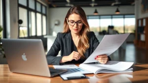 Professional woman reviewing financial documents and health insurance paperwork at modern desk with laptop, natural lighting, focused expression analyzing coverage options