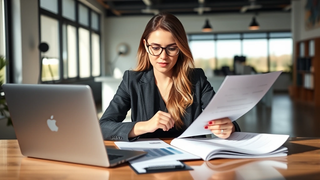 Professional woman reviewing financial documents and health insurance paperwork at modern desk with laptop, natural lighting, focused expression analyzing coverage options