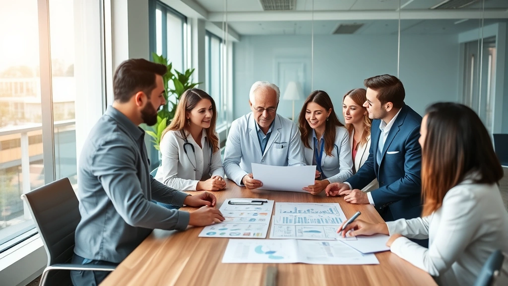 Diverse group of professionals in business casual attire discussing healthcare plans in modern office conference room with charts and documents on table