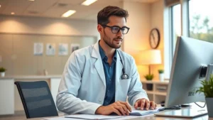 Professional healthcare worker in modern community clinic, wearing white coat, reviewing patient charts at desk with computer, warm lighting, modern medical office interior, photorealistic, no text