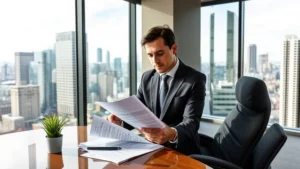 Professional real estate investor reviewing property documents and financial analysis in modern office with city skyline visible through windows