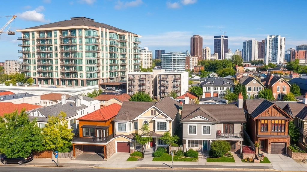 Diverse real estate portfolio displayed as modern apartment buildings, commercial properties, and residential homes in thriving urban and suburban neighborhoods