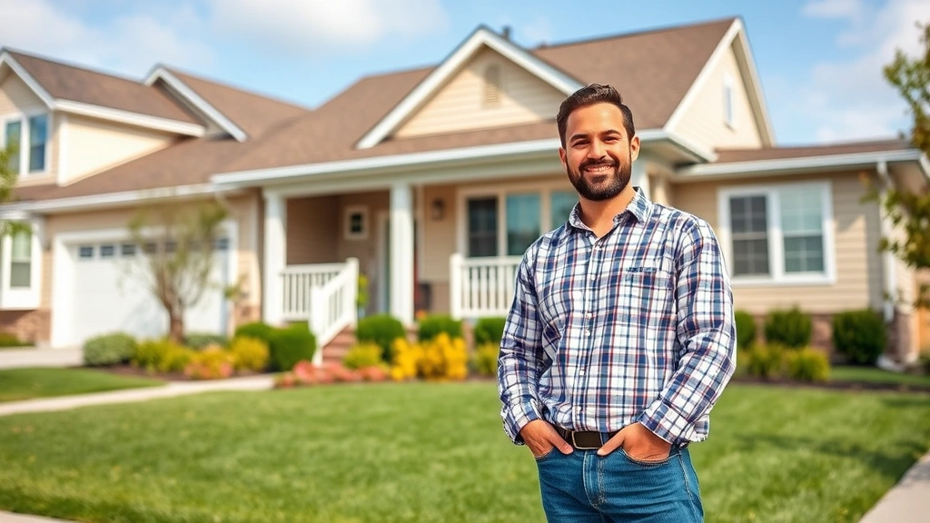 Successful property owner standing confidently in front of well-maintained rental property with landscaping, representing real estate wealth accumulation and portfolio growth