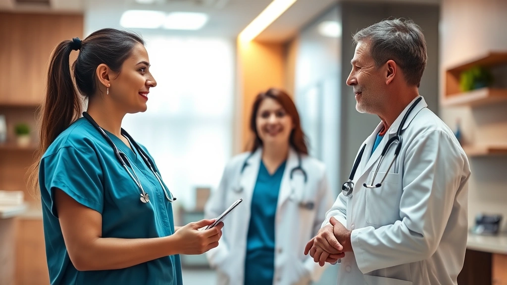 Professional healthcare worker in modern medical facility consulting with patient, warm lighting, confident demeanor, contemporary clinic environment, emphasizing trust and expertise