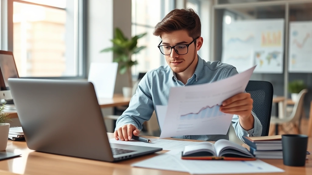 Young professional reviewing financial documents at desk with laptop, organized workspace, charts and planning materials visible, focused expression, modern office setting, natural light