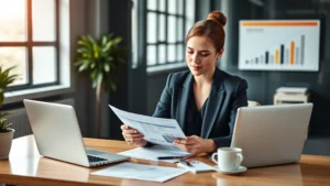 Professional woman in business attire reviewing financial documents and investment portfolio on modern office desk with laptop and coffee