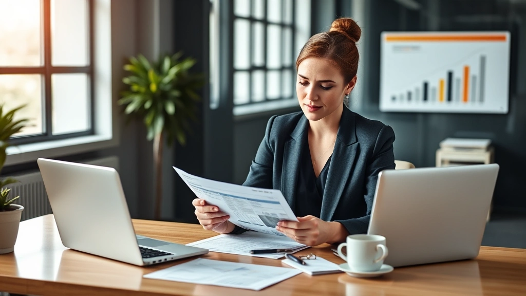 Professional woman in business attire reviewing financial documents and investment portfolio on modern office desk with laptop and coffee