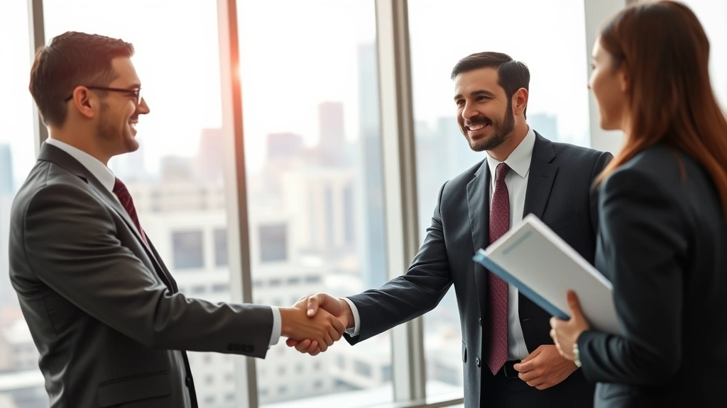 Successful businessman in formal suit confidently shaking hands with financial advisor in contemporary office setting with city skyline