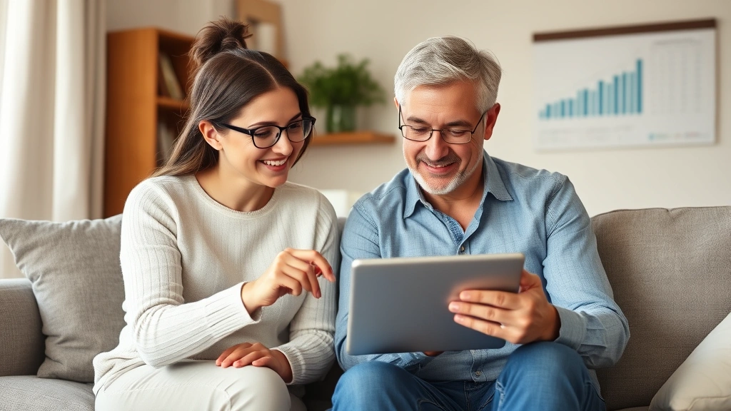 Young professional couple reviewing retirement planning documents together at home with tablet and financial charts visible