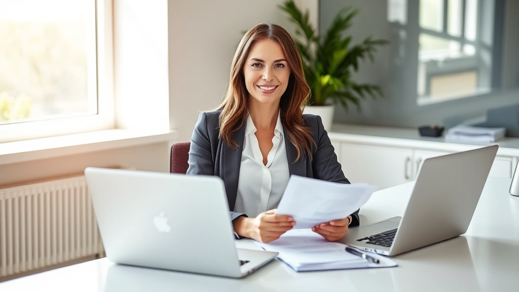 Professional woman in business attire sitting at modern desk with financial documents and laptop, natural lighting from window, confident expression, contemporary office environment