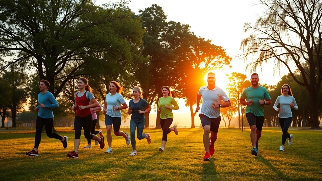 Diverse group of people exercising in park during sunrise, jogging and stretching, healthy active lifestyle, natural outdoor setting with trees and grass