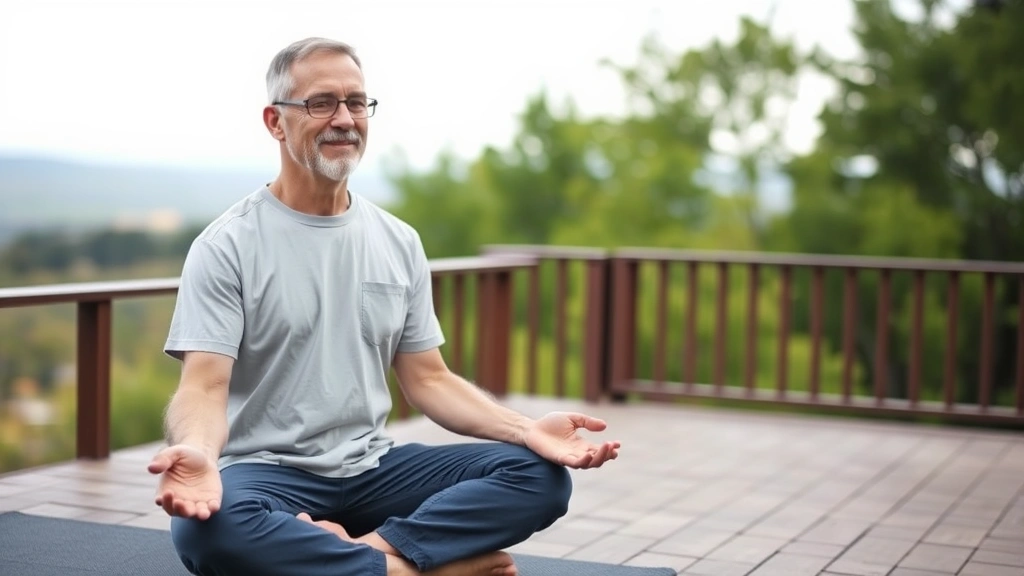 Middle-aged man in casual clothing meditating outdoors on wooden deck overlooking nature, peaceful expression, serene landscape background, wellness and mindfulness practice