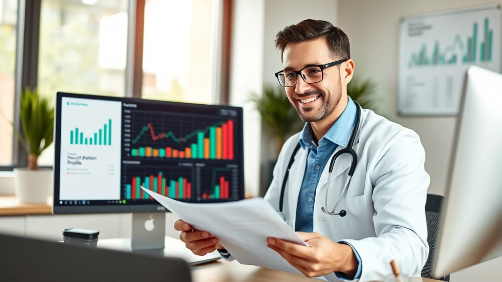 Professional healthcare worker in modern office reviewing financial documents and investment portfolio on computer screen, confident expression, natural lighting, modern workspace with financial charts on wall