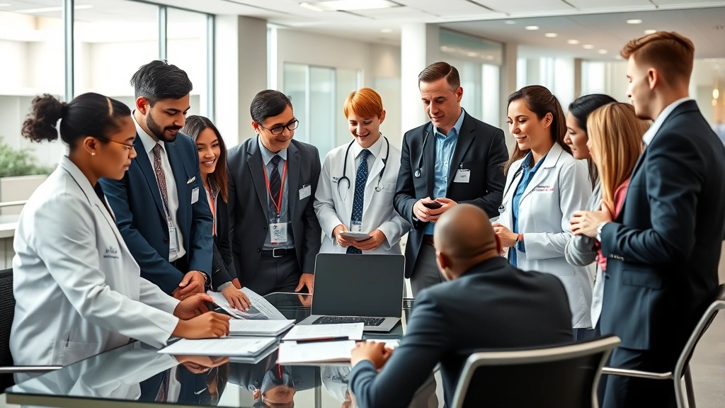 Diverse group of medical professionals in business casual attire discussing financial growth strategy around conference table with laptop and documents, collaborative atmosphere, modern healthcare facility background