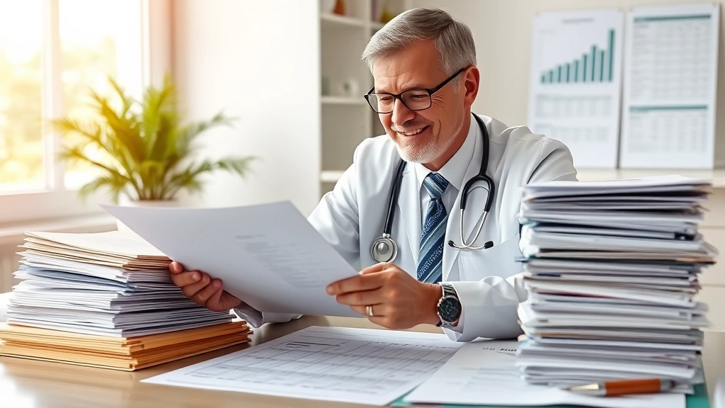 Successful healthcare professional reviewing comprehensive financial plan with stacks of organized financial documents, retirement savings statements, and investment portfolios on desk, satisfied expression