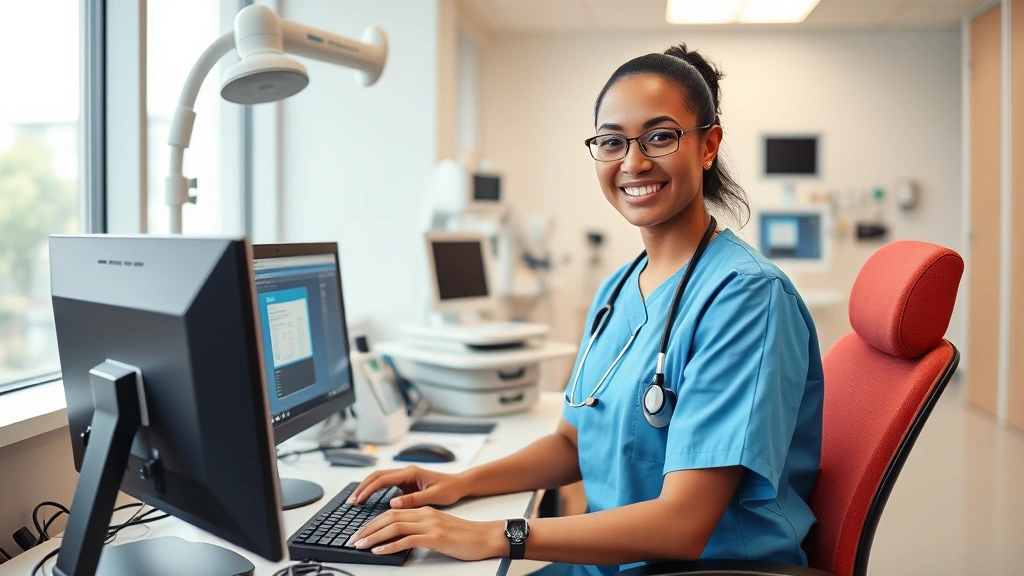 Professional healthcare worker at modern hospital workstation with computer and medical equipment, modern office environment, natural lighting, focused expression, diverse representation