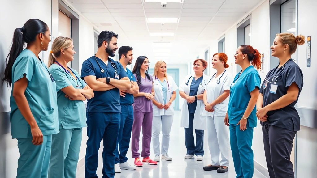 Team of healthcare professionals in scrubs collaborating in bright hospital corridor, diverse group, positive interactions, modern medical facility background, candid professional moment