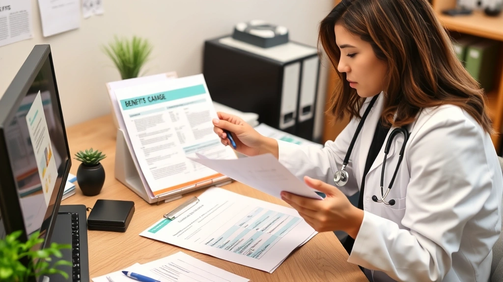Healthcare professional reviewing documents at desk with benefits package and career development materials visible, organized workspace, professional setting, planning and growth theme