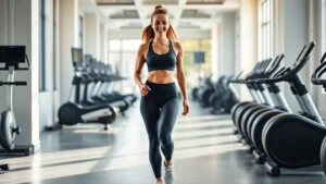Professional woman in athletic wear confidently walking through modern fitness facility hallway with equipment visible in background, natural daylight streaming through windows, conveying health and success